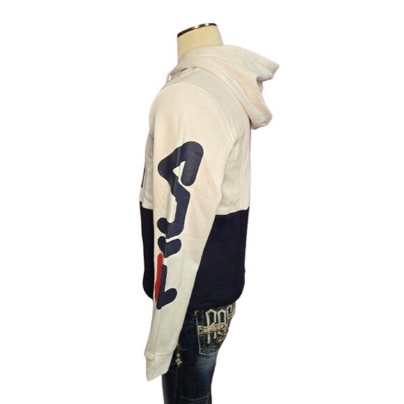 FILA Men’s Graphic Logo Hoodie – White/Navy Colorblock Pullover with Sleeve Prin - Picture 5 of 10